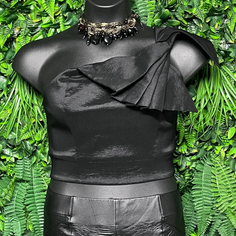 Bebe Top 12 Black One Shoulder Ruffle Sleeveless Party Cocktail Made In USA 3017 - Picture 2 of 8